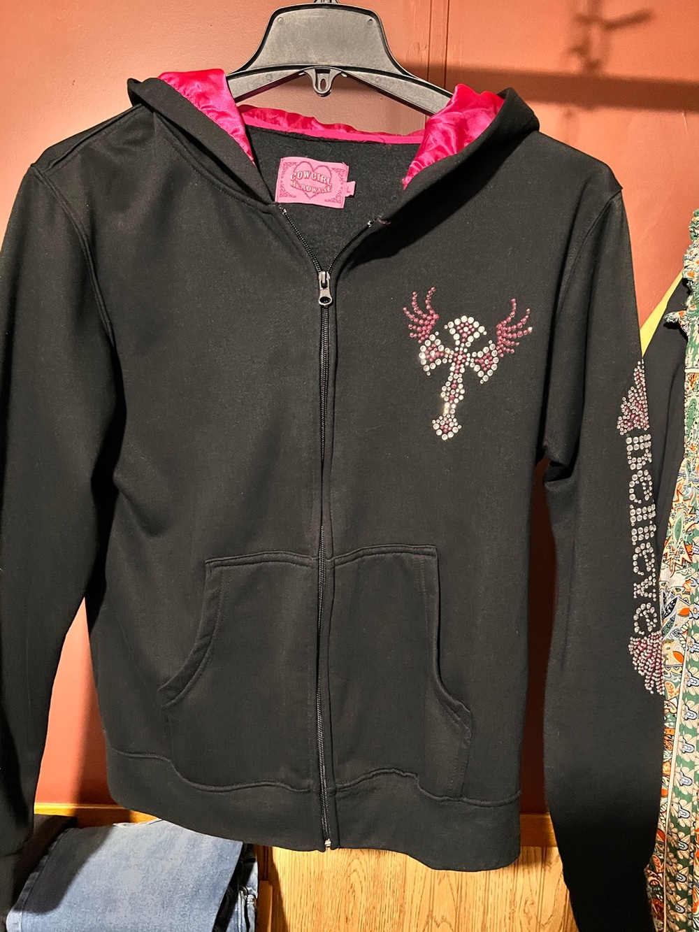 Cowgirl Hardware Rhinestone Women's Black Zip-Up Hoodie with Hot pink satin-line